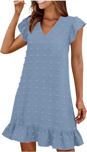 Cute Swiss Dot Dresses for Women Cap Sleeve V Neck Ruffle Short Mini Cocktail Dress Casual Summer Boho Beach Sundress