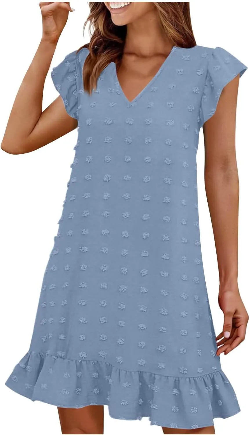 Cute Swiss Dot Dresses for Women Cap Sleeve V Neck Ruffle Short Mini Cocktail Dress Casual Summer Boho Beach Sundress