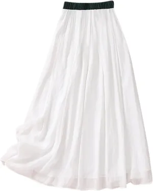 DDAPJ pyju Women's Cotton Linen Maxi Skirt with Tassel Tie Waist Summer Casual Double Layer Elastic Waist A-Line Flowy Skirts
