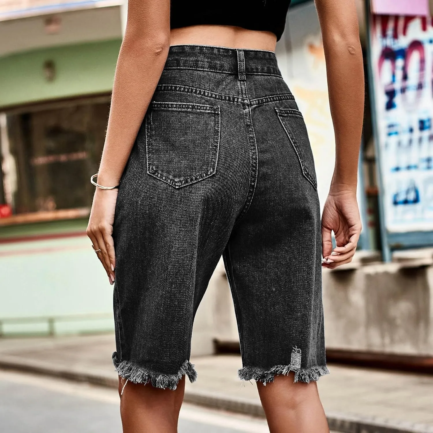 Denim Bermuda Shorts for Women High Waisted Ripped Distressed Raw Hem Long Jean Short Knee Length Casual Summer Jorts