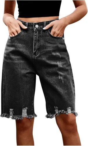 Denim Bermuda Shorts for Women High Waisted Ripped Distressed Raw Hem Long Jean Short Knee Length Casual Summer Jorts