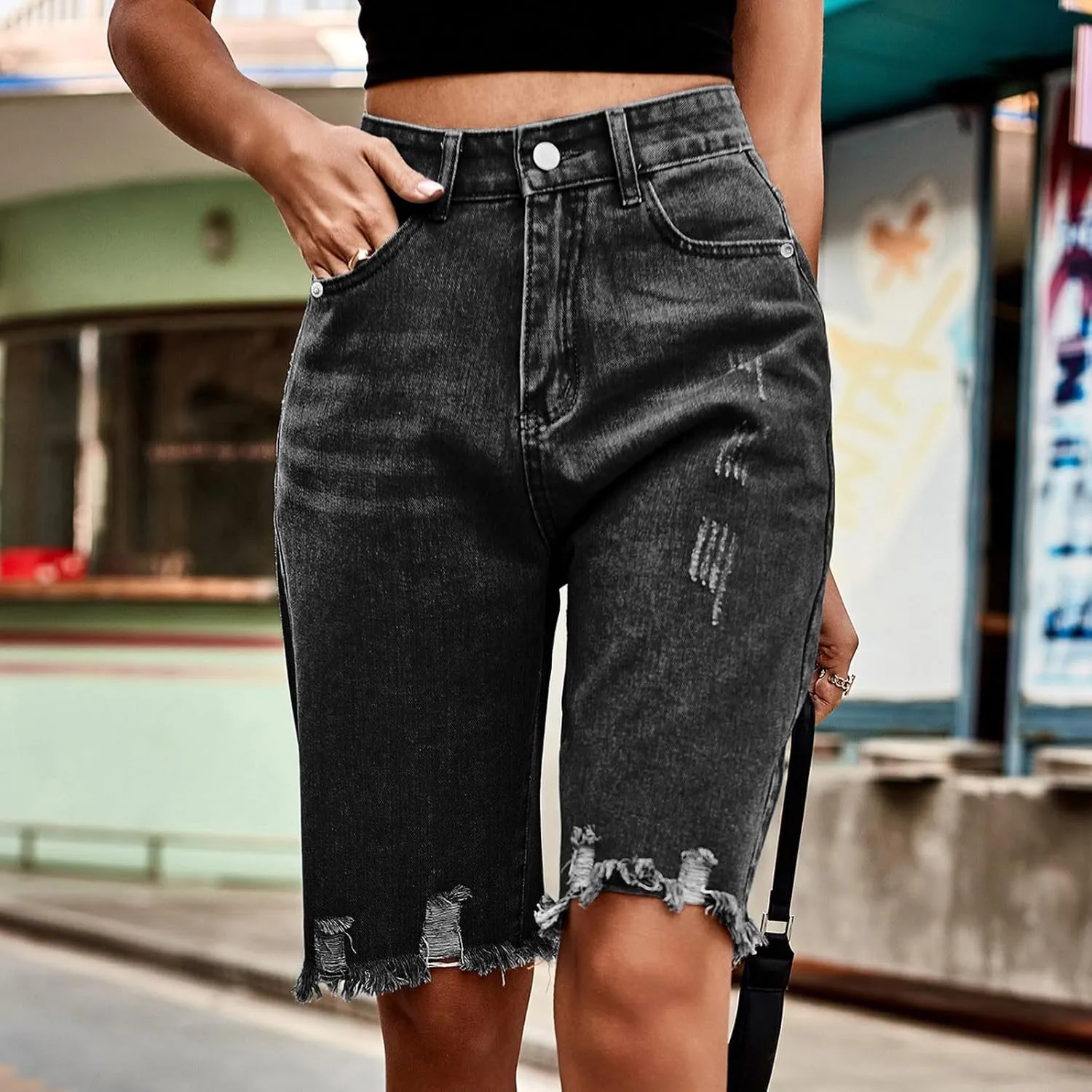 Denim Bermuda Shorts for Women High Waisted Ripped Distressed Raw Hem Long Jean Short Knee Length Casual Summer Jorts