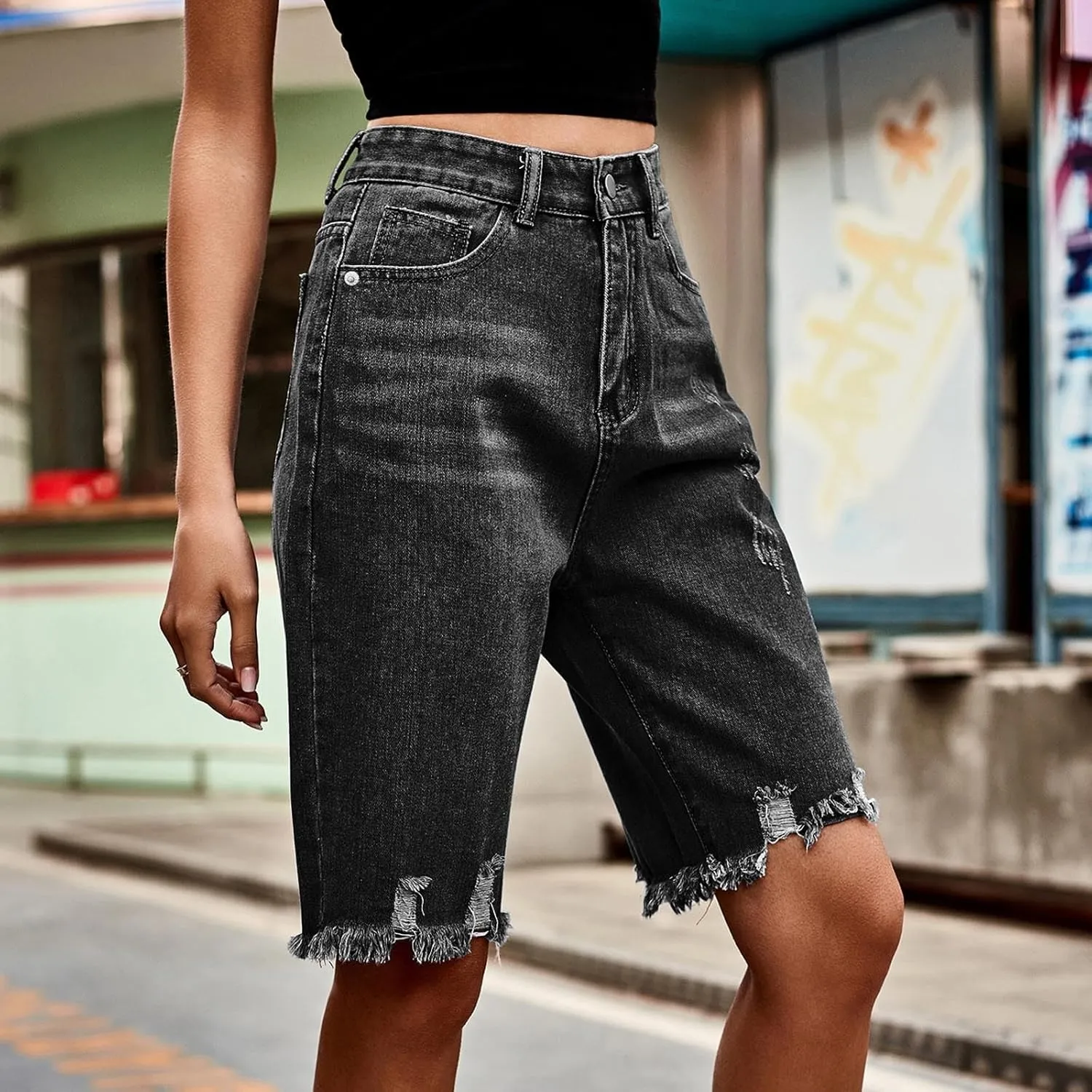 Denim Bermuda Shorts for Women High Waisted Ripped Distressed Raw Hem Long Jean Short Knee Length Casual Summer Jorts