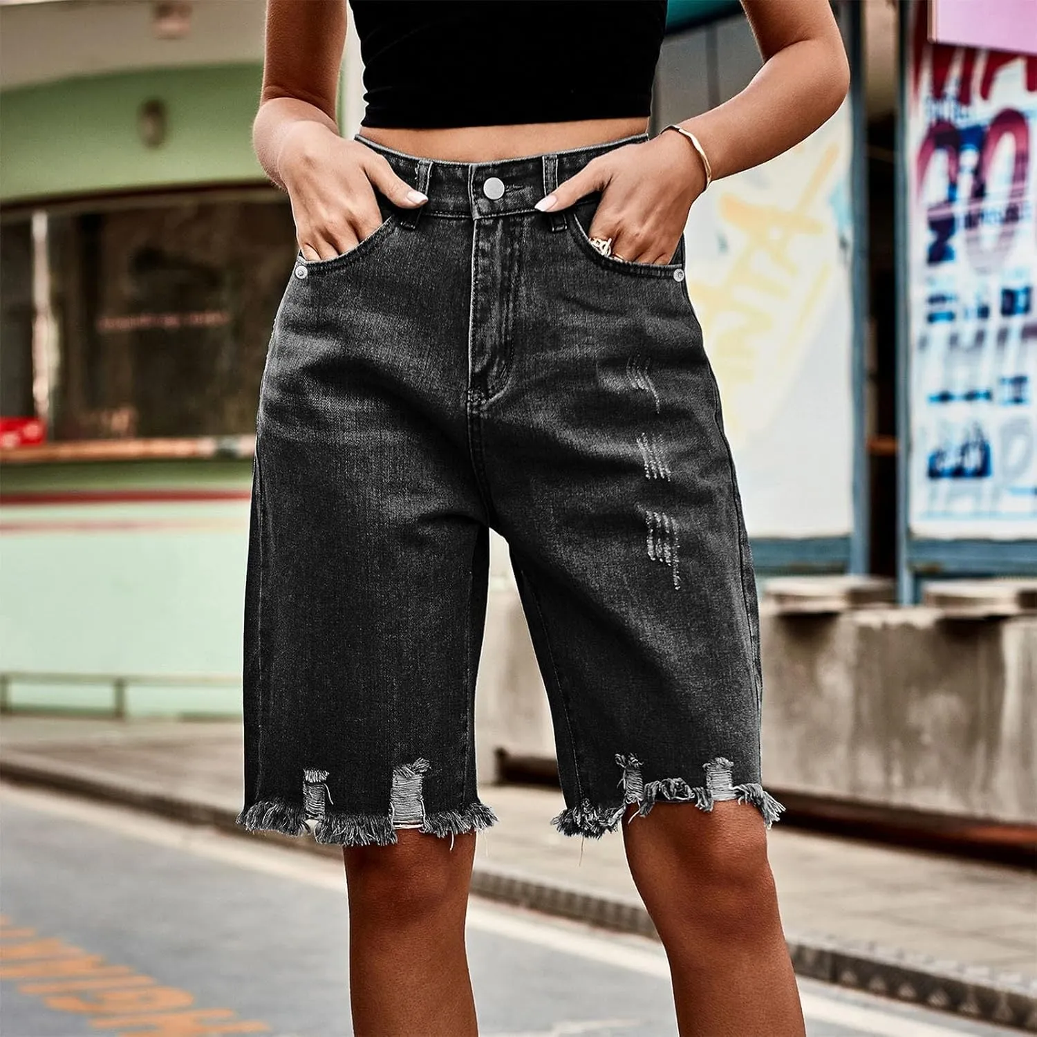 Denim Bermuda Shorts for Women High Waisted Ripped Distressed Raw Hem Long Jean Short Knee Length Casual Summer Jorts