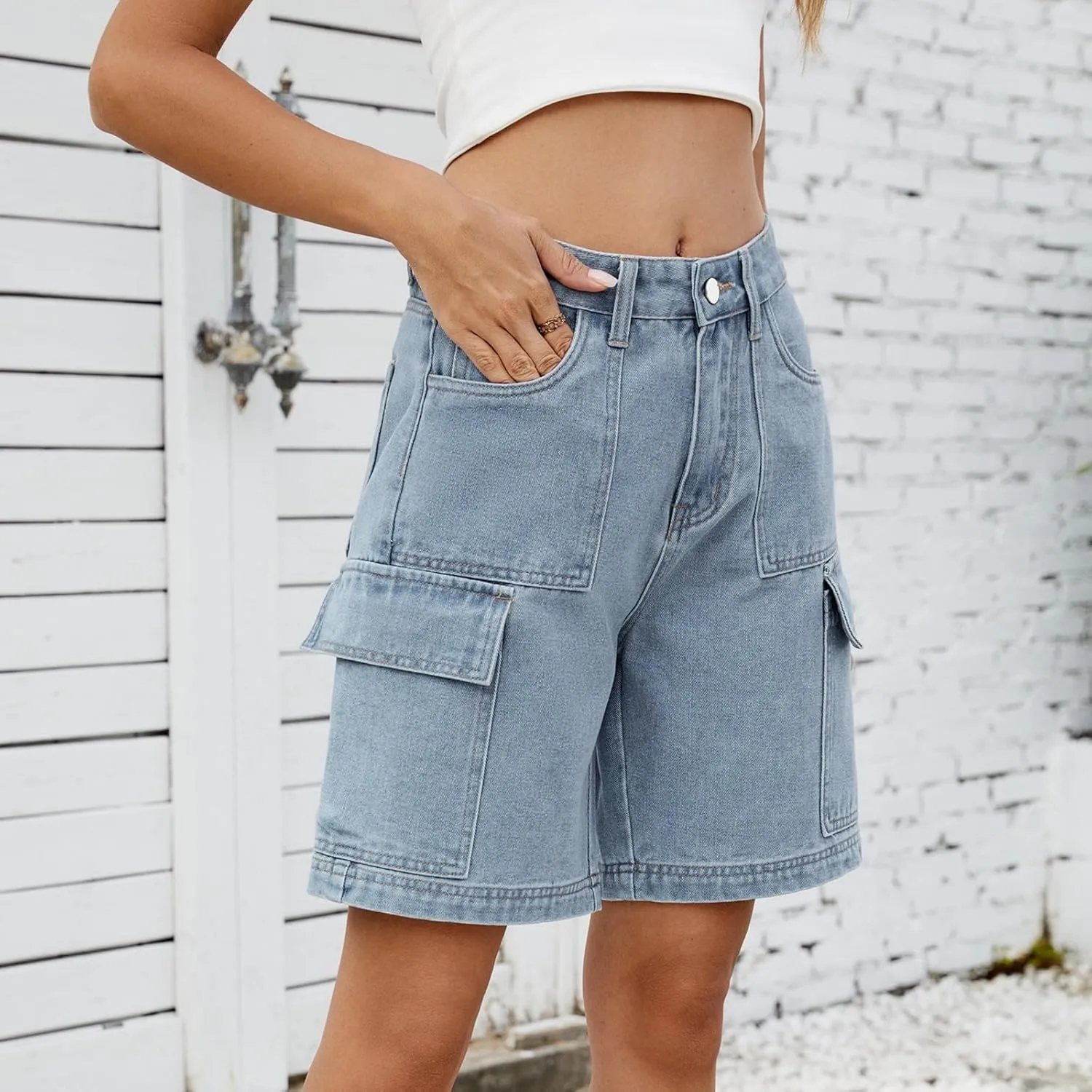 Denim Bermuda Shorts for Women Stretchy High Waisted, Jean Shorts for Teen Girls Ripped Summer Baggy Y2k Trendy Jorts