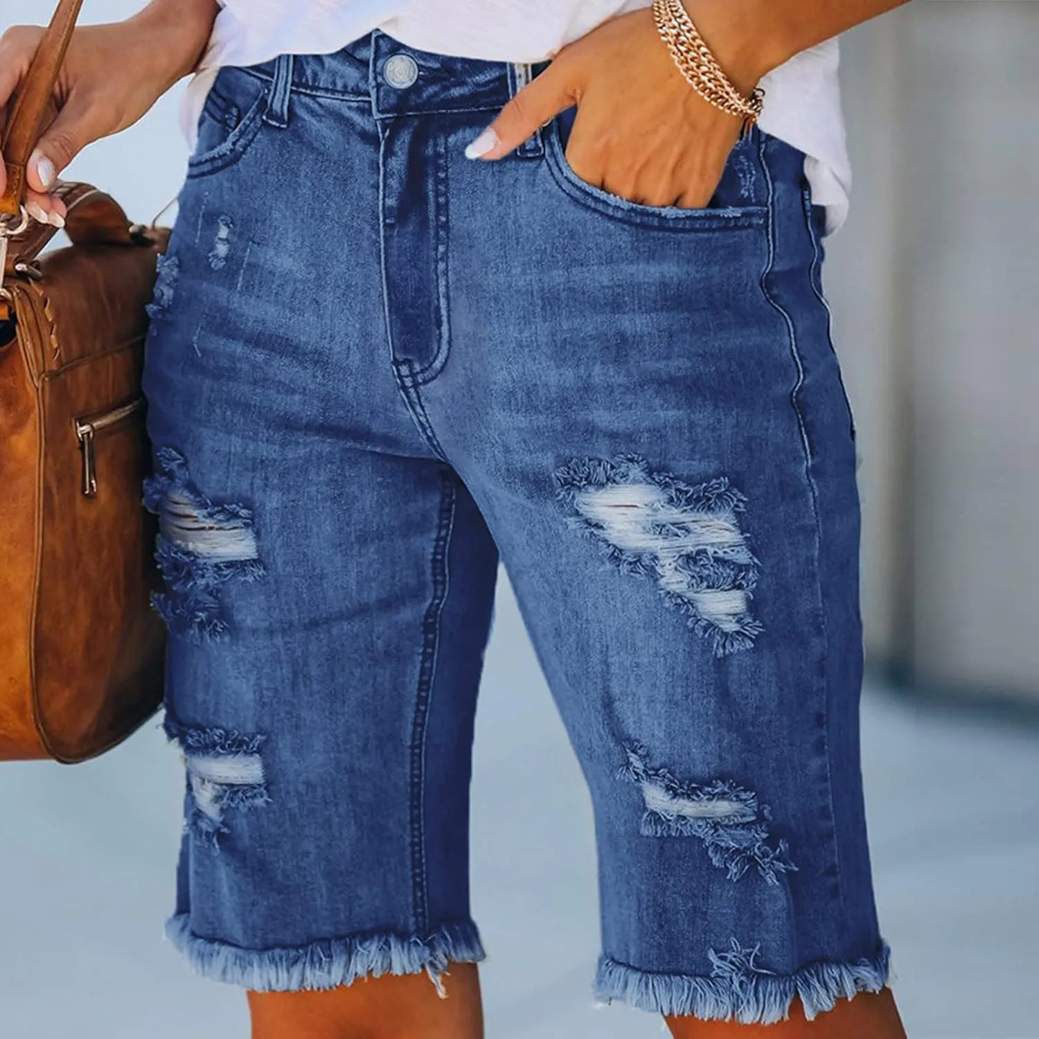 Denim Bermuda Shorts for Women Stretchy High Waisted, Jean Shorts for Teen Girls Ripped Summer Baggy Y2k Trendy Jorts