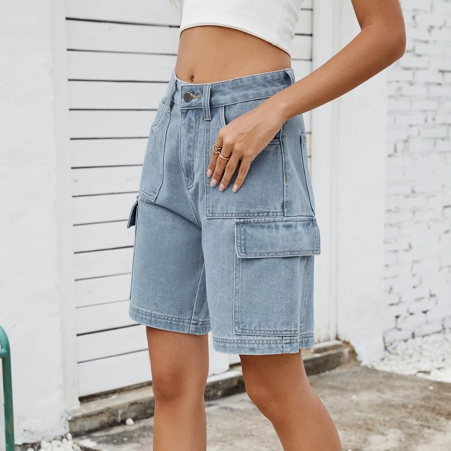 Denim Bermuda Shorts for Women Stretchy High Waisted, Jean Shorts for Teen Girls Ripped Summer Baggy Y2k Trendy Jorts