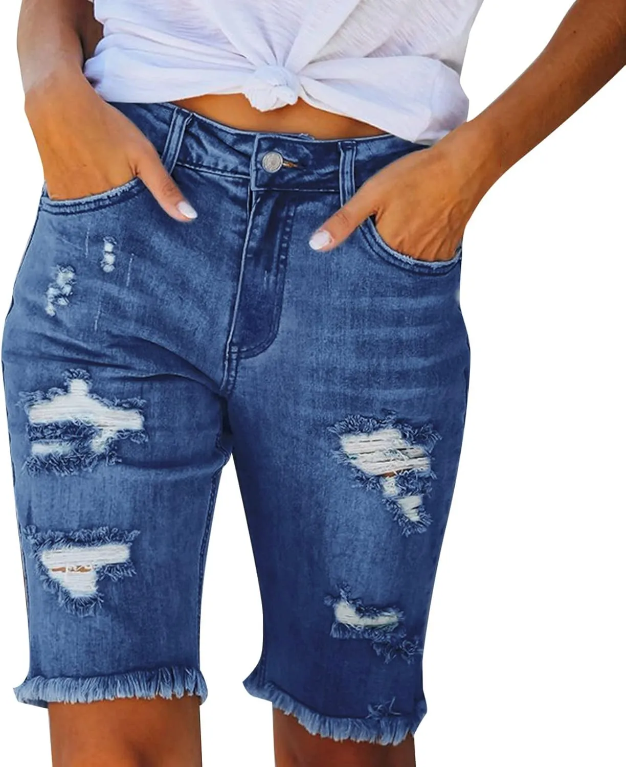 Denim Bermuda Shorts for Women Stretchy High Waisted, Jean Shorts for Teen Girls Ripped Summer Baggy Y2k Trendy Jorts