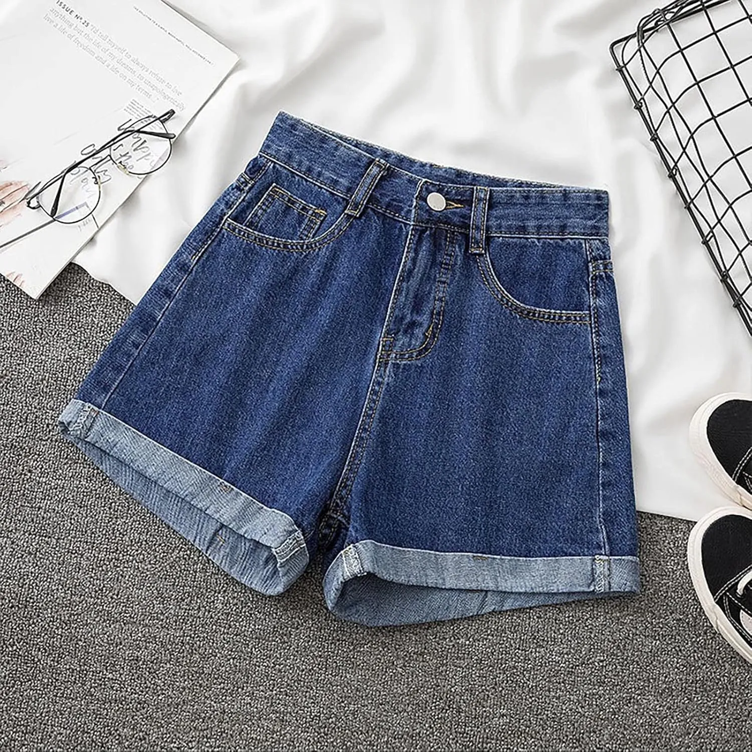 Denim Shorts Women High Waisted Stretchy Button Up A Line Baggy Jeans Shorts Plus Size Wide Leg Classic Hot Jorts for Women