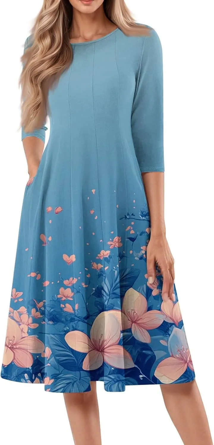 Dress for Women 3/4 Sleeve Spring Wrap Dress Empire Waist Floral Fitted Dresses Summer Cute Flowy Dresses with Pocket