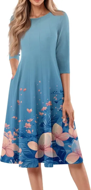 Dress for Women 3/4 Sleeve Spring Wrap Dress Empire Waist Floral Fitted Dresses Summer Cute Flowy Dresses with Pocket