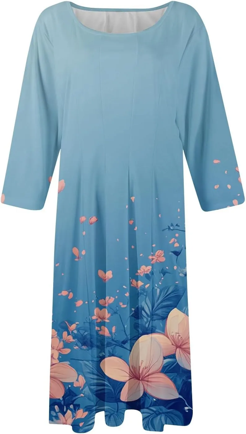Dress for Women 3/4 Sleeve Spring Wrap Dress Empire Waist Floral Fitted Dresses Summer Cute Flowy Dresses with Pocket