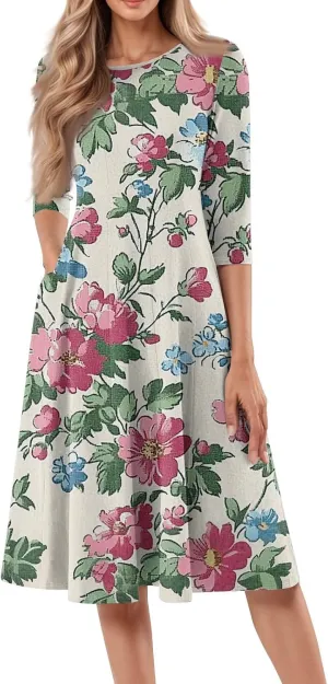 Dress for Women 3/4 Sleeve Spring Wrap Dress Empire Waist Floral Fitted Dresses Summer Cute Flowy Dresses with Pocket