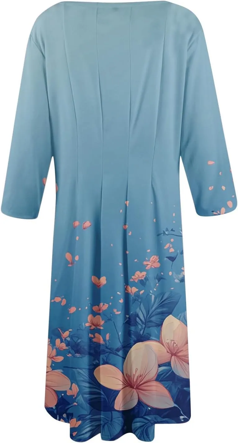 Dress for Women 3/4 Sleeve Spring Wrap Dress Empire Waist Floral Fitted Dresses Summer Cute Flowy Dresses with Pocket