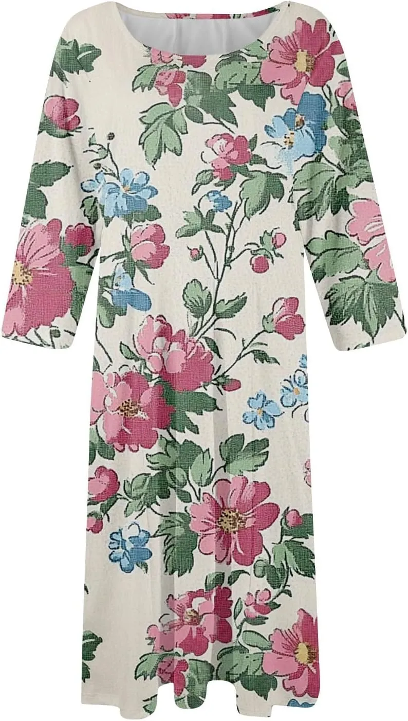 Dress for Women 3/4 Sleeve Spring Wrap Dress Empire Waist Floral Fitted Dresses Summer Cute Flowy Dresses with Pocket