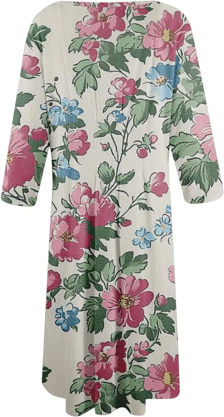 Dress for Women 3/4 Sleeve Spring Wrap Dress Empire Waist Floral Fitted Dresses Summer Cute Flowy Dresses with Pocket