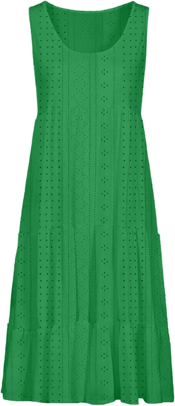 Dresses for Women 2025 Eyelet Sleeveless Crew Neck Hollow Out Sundresses Solid Color Beach Hawaiian Fashion Dress