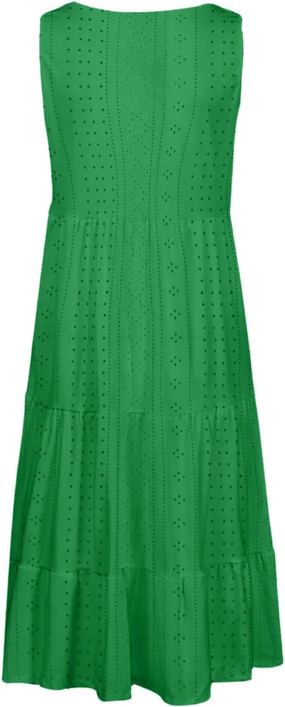 Dresses for Women 2025 Eyelet Sleeveless Crew Neck Hollow Out Sundresses Solid Color Beach Hawaiian Fashion Dress
