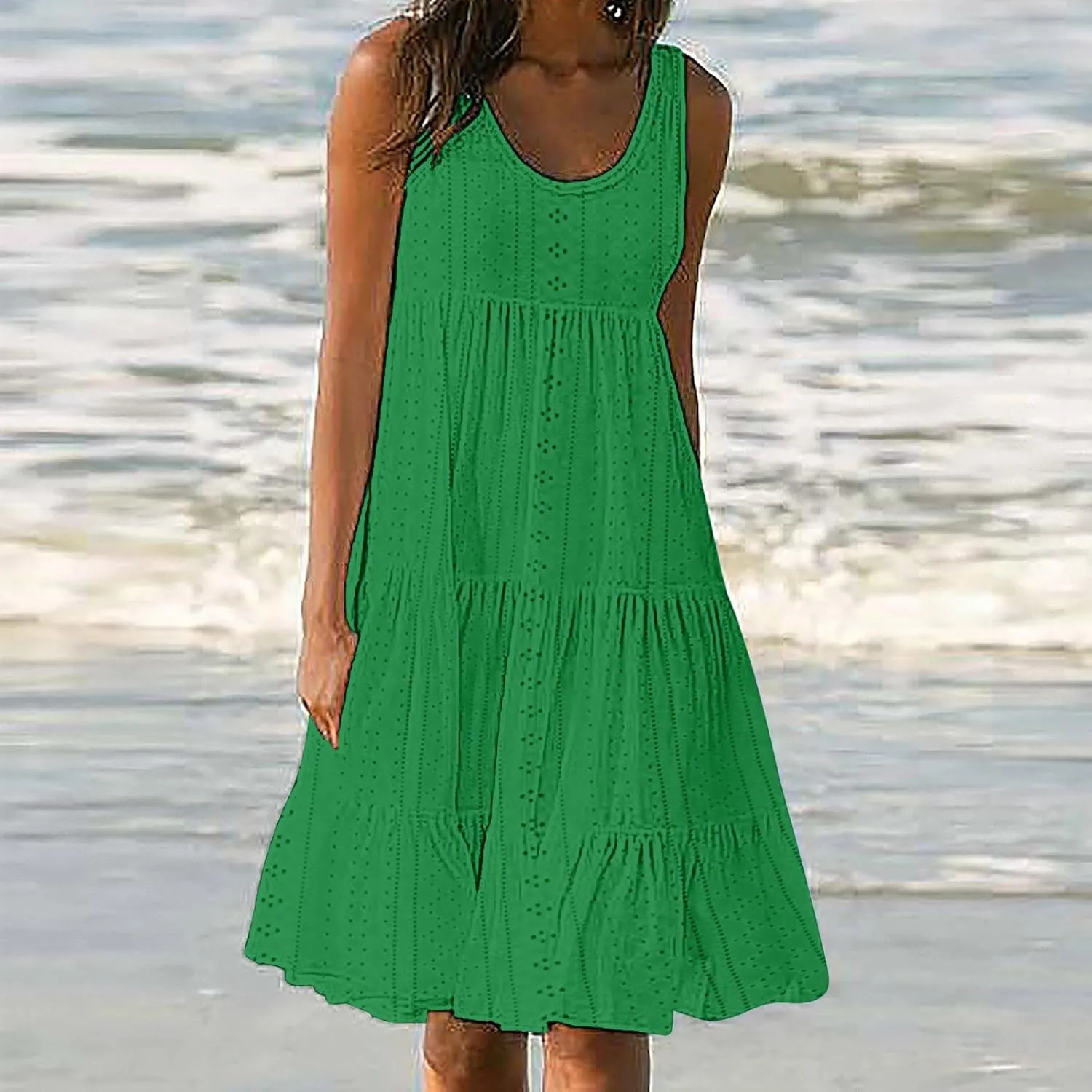 Dresses for Women 2025 Eyelet Sleeveless Crew Neck Hollow Out Sundresses Solid Color Beach Hawaiian Fashion Dress