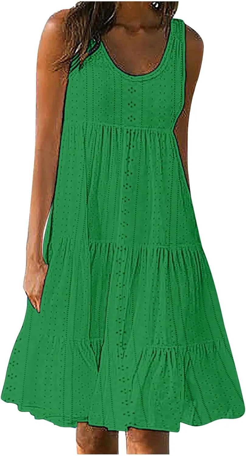 Dresses for Women 2025 Eyelet Sleeveless Crew Neck Hollow Out Sundresses Solid Color Beach Hawaiian Fashion Dress