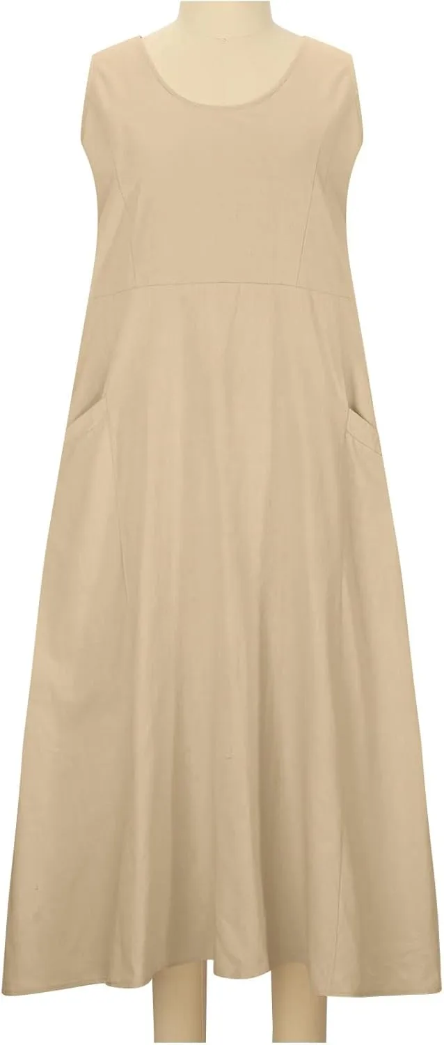 Dresses for Women 2025 Fashion Solid Color Round Neck Sleeveless Long Dress Linen 2025 Summer Comfy Dress with Pocket