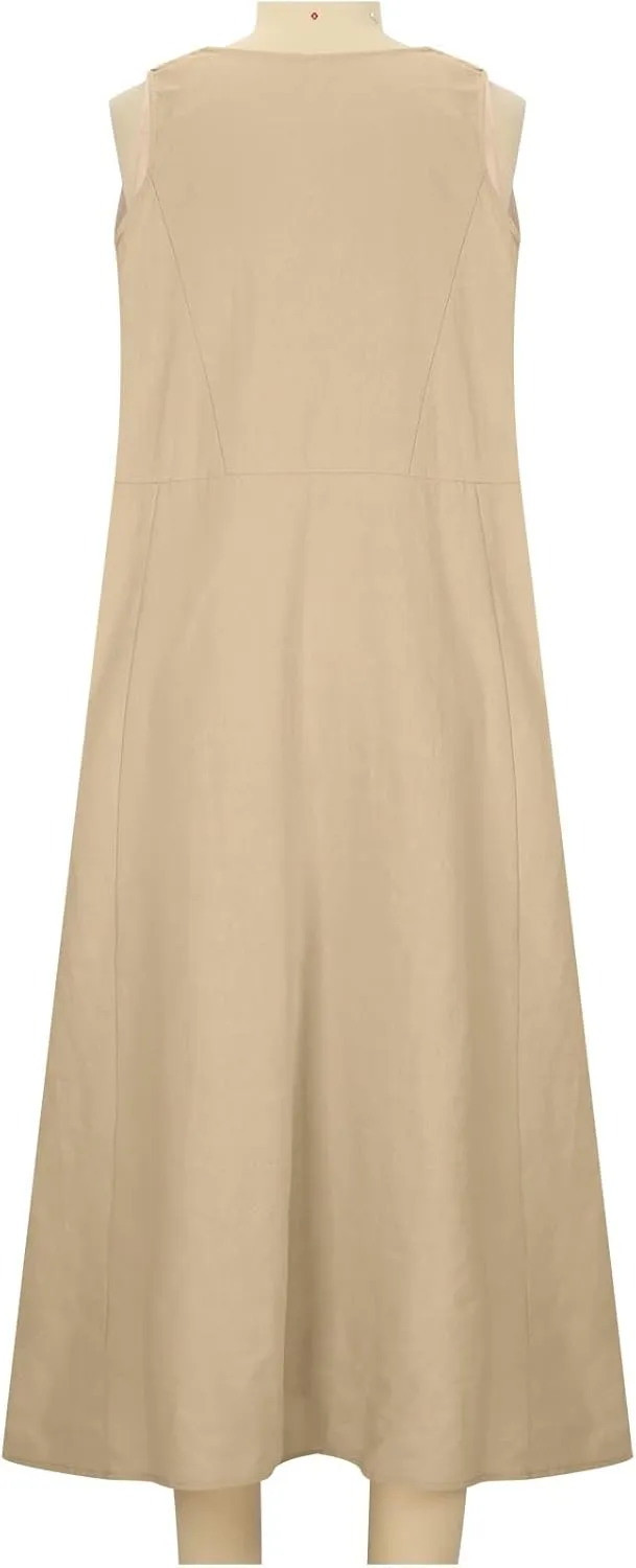 Dresses for Women 2025 Fashion Solid Color Round Neck Sleeveless Long Dress Linen 2025 Summer Comfy Dress with Pocket