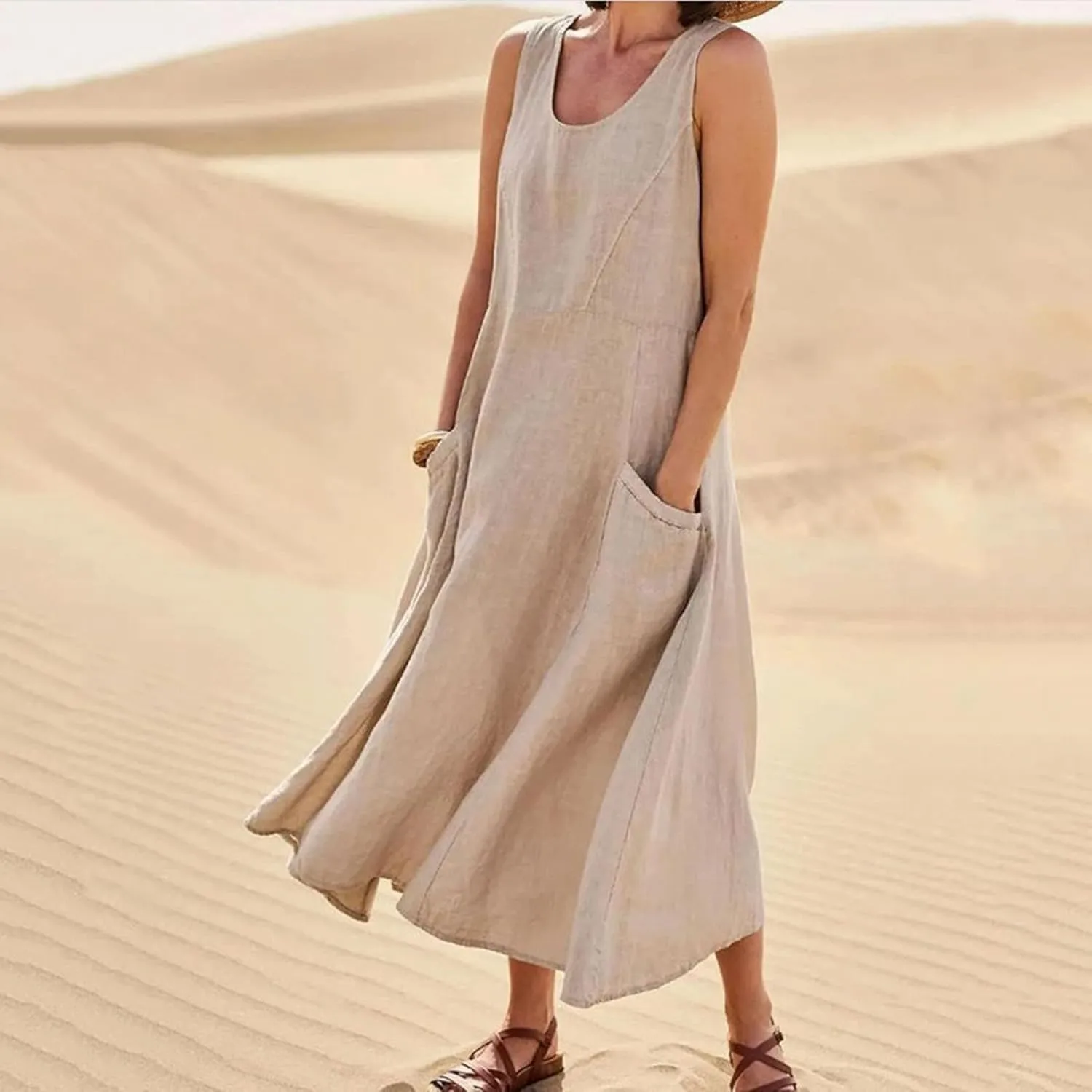Dresses for Women 2025 Fashion Solid Color Round Neck Sleeveless Long Dress Linen 2025 Summer Comfy Dress with Pocket