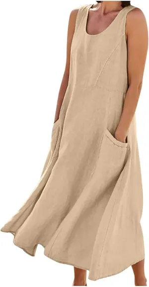 Dresses for Women 2025 Fashion Solid Color Round Neck Sleeveless Long Dress Linen 2025 Summer Comfy Dress with Pocket