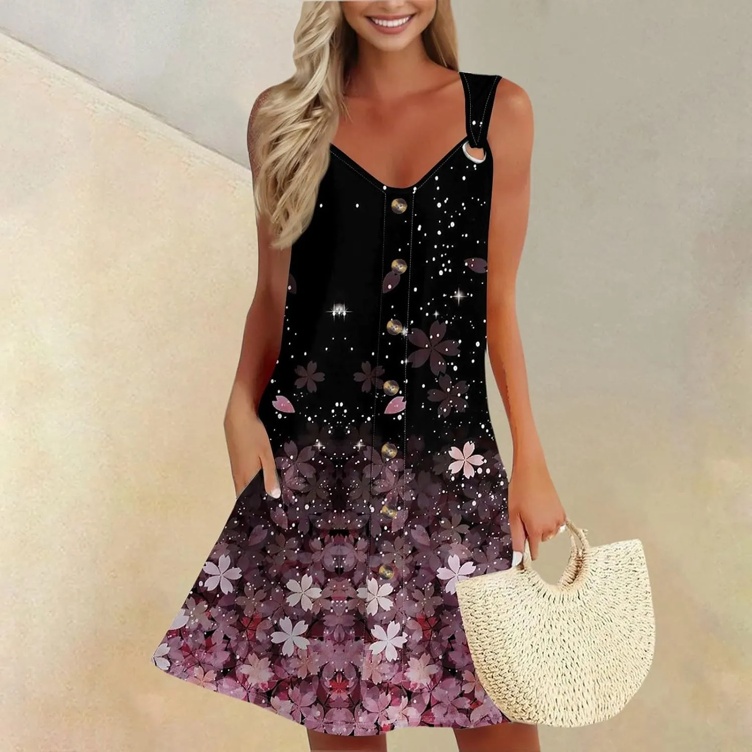 Dresses for Women 2025 Plus Size Sleeveless v Neck Summer Clothes Sundress with Pockets Mini Dresses Sexy Vacation