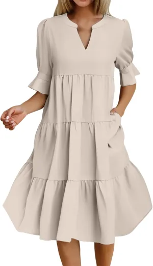 Dresses for Women 2025 Ruffle Short Sleeve V Neck Dress Tiered Flowy Ruched Hem Dresses Summer Elegant Waist Dress