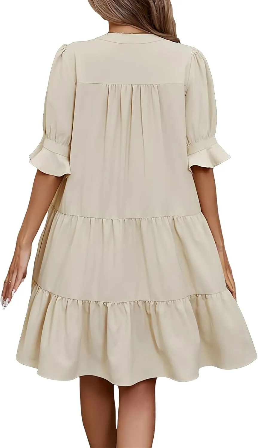 Dresses for Women 2025 Ruffle Short Sleeve V Neck Dress Tiered Flowy Ruched Hem Dresses Summer Elegant Waist Dress