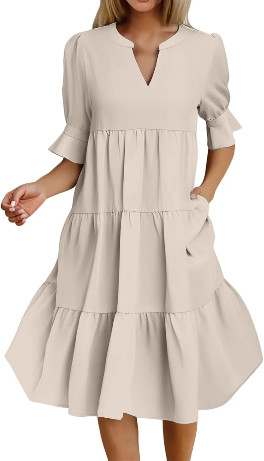 Dresses for Women 2025 Ruffle Short Sleeve V Neck Dress Tiered Flowy Ruched Hem Dresses Summer Elegant Waist Dress