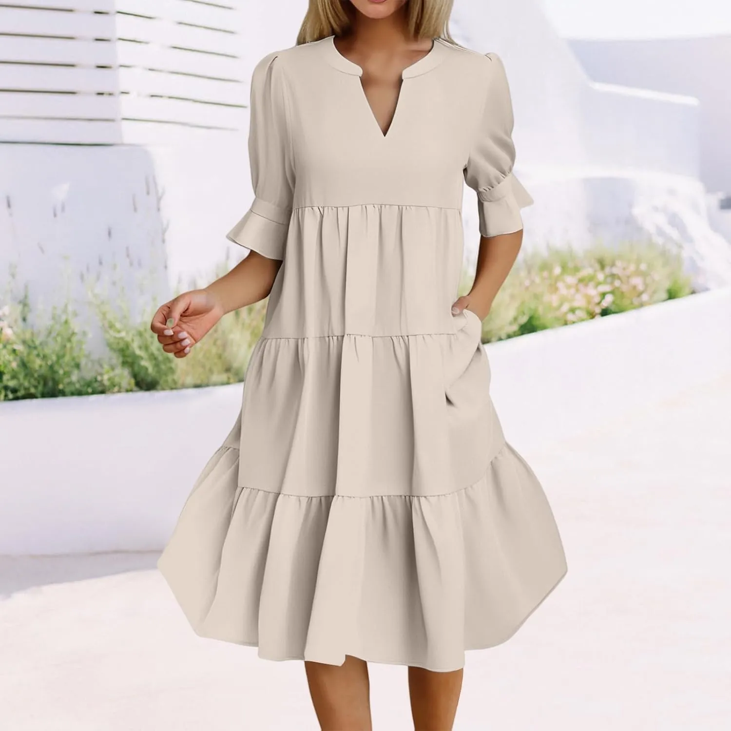 Dresses for Women 2025 Ruffle Short Sleeve V Neck Dress Tiered Flowy Ruched Hem Dresses Summer Elegant Waist Dress