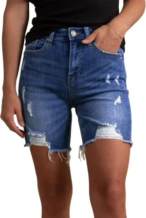 Duigluw Women's Bermuda Shorts Denim Destroyed Raw Hem Long Jeans Shorts