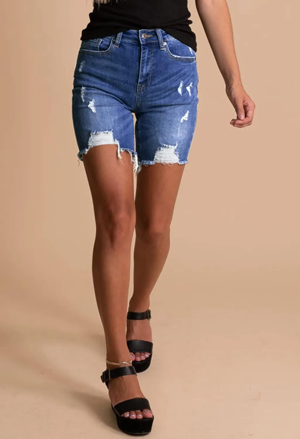 Duigluw Women's Bermuda Shorts Denim Destroyed Raw Hem Long Jeans Shorts