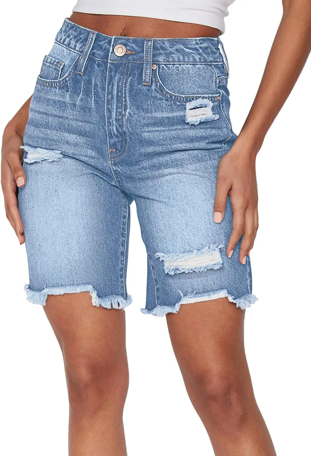 Duigluw Women's Bermuda Shorts Denim Destroyed Raw Hem Long Jeans Shorts