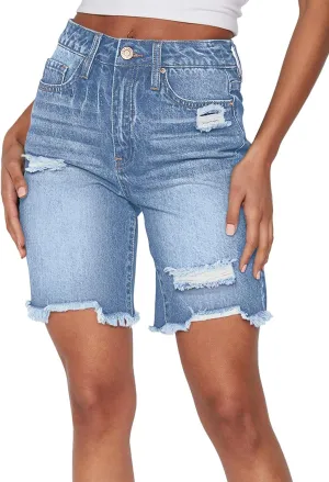Duigluw Women's Bermuda Shorts Denim Destroyed Raw Hem Long Jeans Shorts