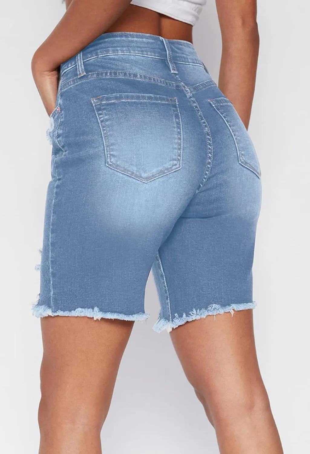 Duigluw Women's Bermuda Shorts Denim Destroyed Raw Hem Long Jeans Shorts