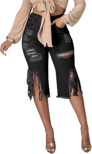 DvaeMalligo Womens Ripped Jean Shorts High Waisted Stretchy Frayed Distressed Raw Hem Tassels Denim Bermuda Shorts