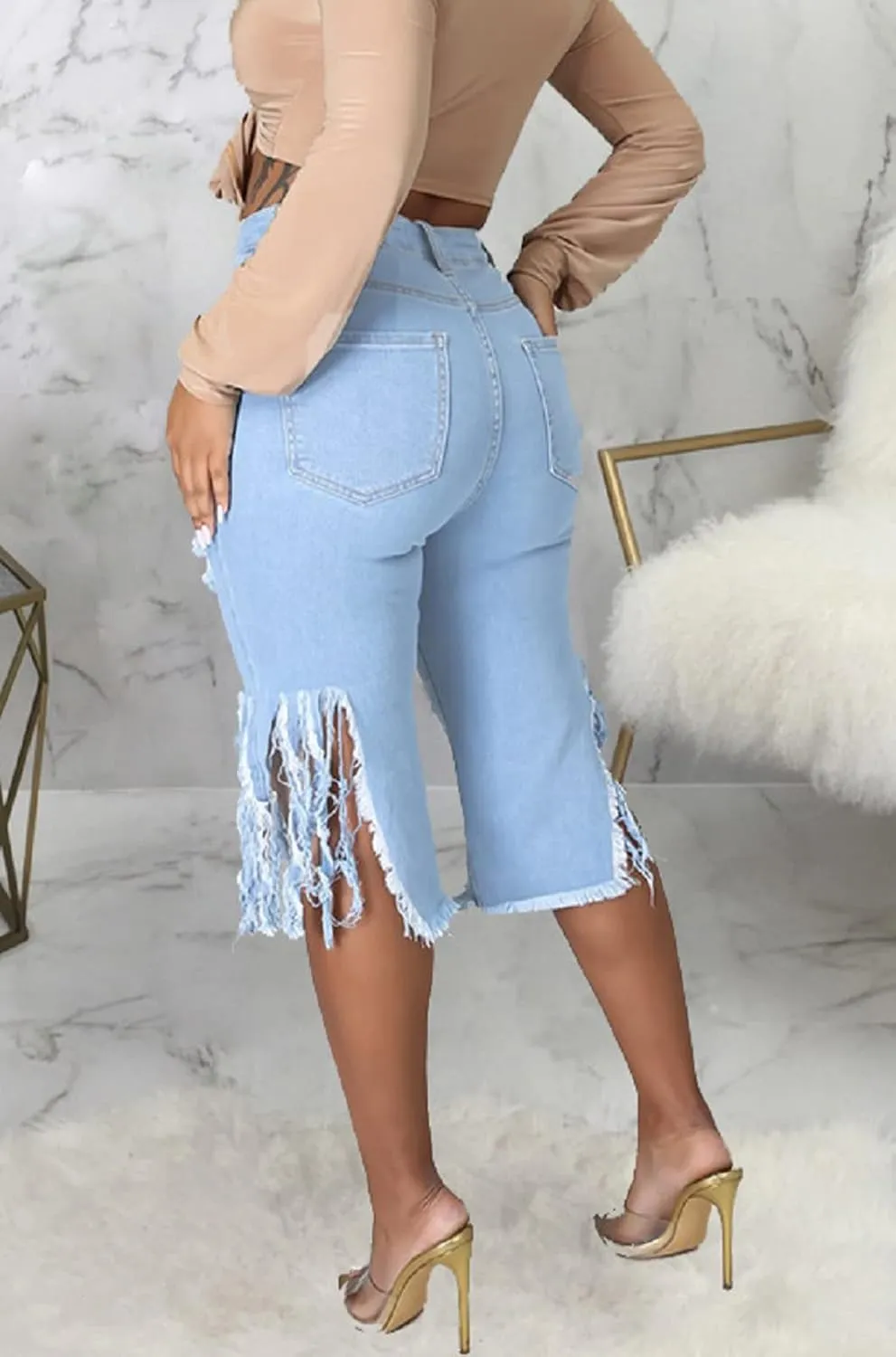 DvaeMalligo Womens Ripped Jean Shorts High Waisted Stretchy Frayed Distressed Raw Hem Tassels Denim Bermuda Shorts