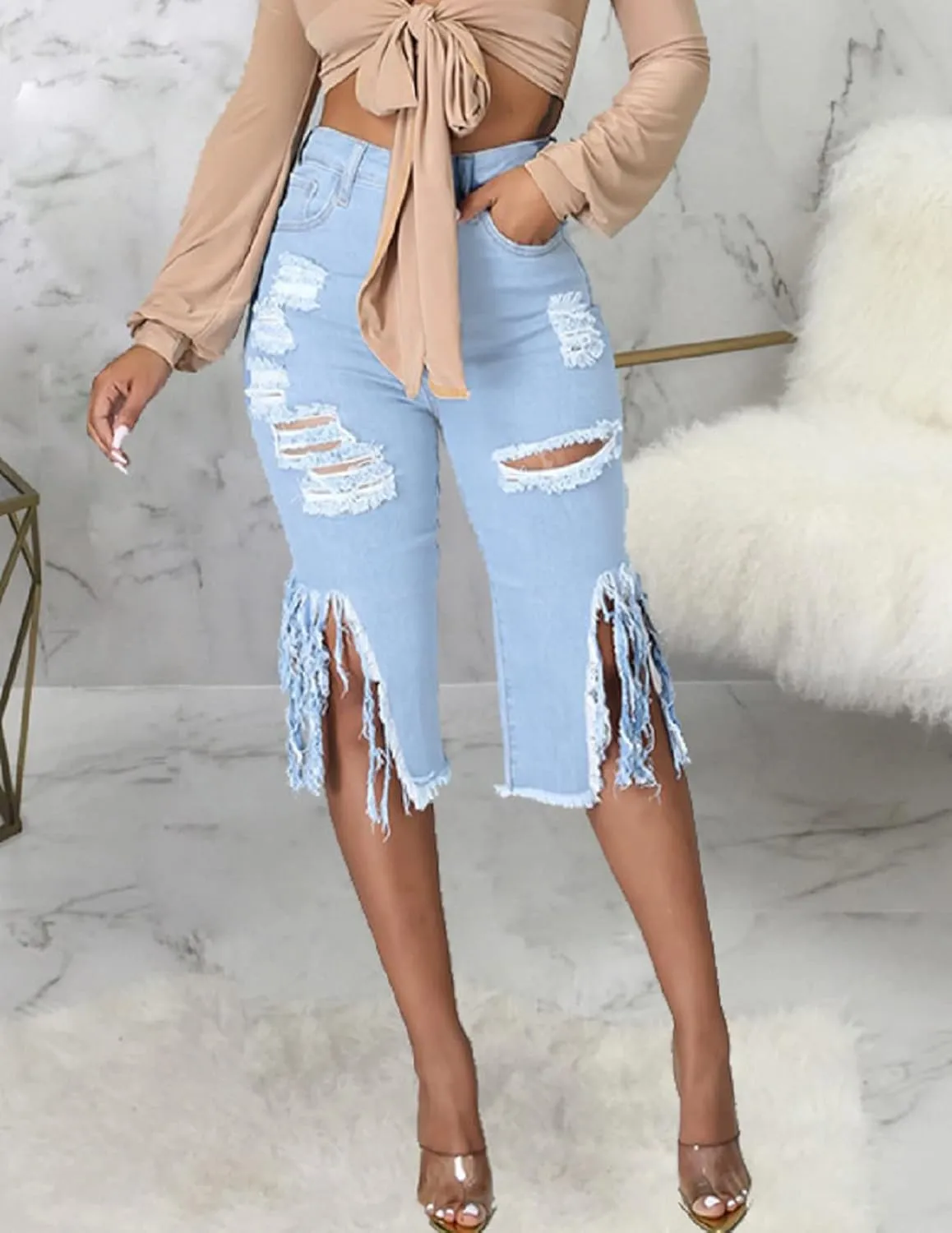 DvaeMalligo Womens Ripped Jean Shorts High Waisted Stretchy Frayed Distressed Raw Hem Tassels Denim Bermuda Shorts