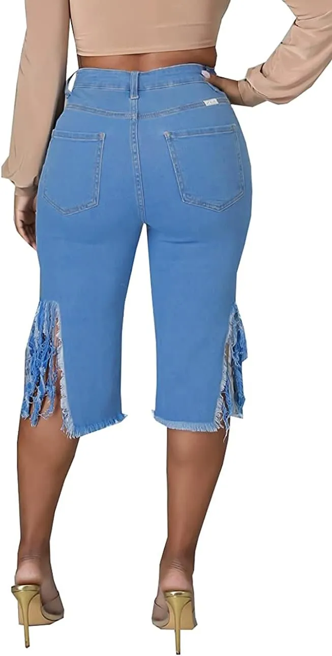DvaeMalligo Womens Ripped Jean Shorts High Waisted Stretchy Frayed Distressed Raw Hem Tassels Denim Bermuda Shorts