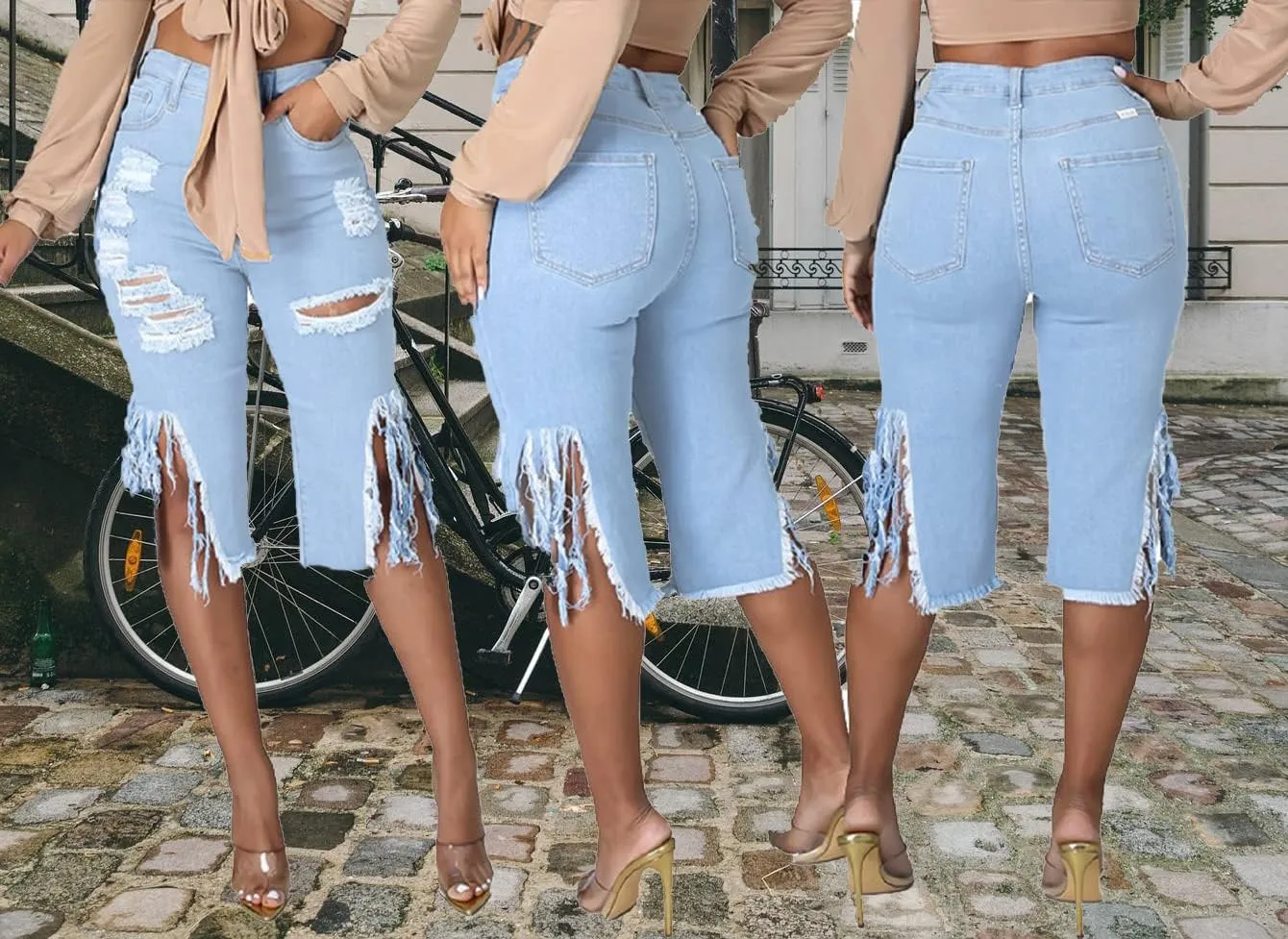 DvaeMalligo Womens Ripped Jean Shorts High Waisted Stretchy Frayed Distressed Raw Hem Tassels Denim Bermuda Shorts