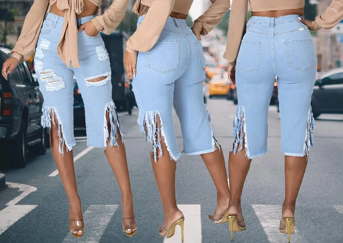 DvaeMalligo Womens Ripped Jean Shorts High Waisted Stretchy Frayed Distressed Raw Hem Tassels Denim Bermuda Shorts