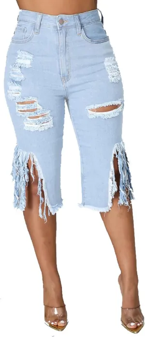 DvaeMalligo Womens Ripped Jean Shorts High Waisted Stretchy Frayed Distressed Raw Hem Tassels Denim Bermuda Shorts