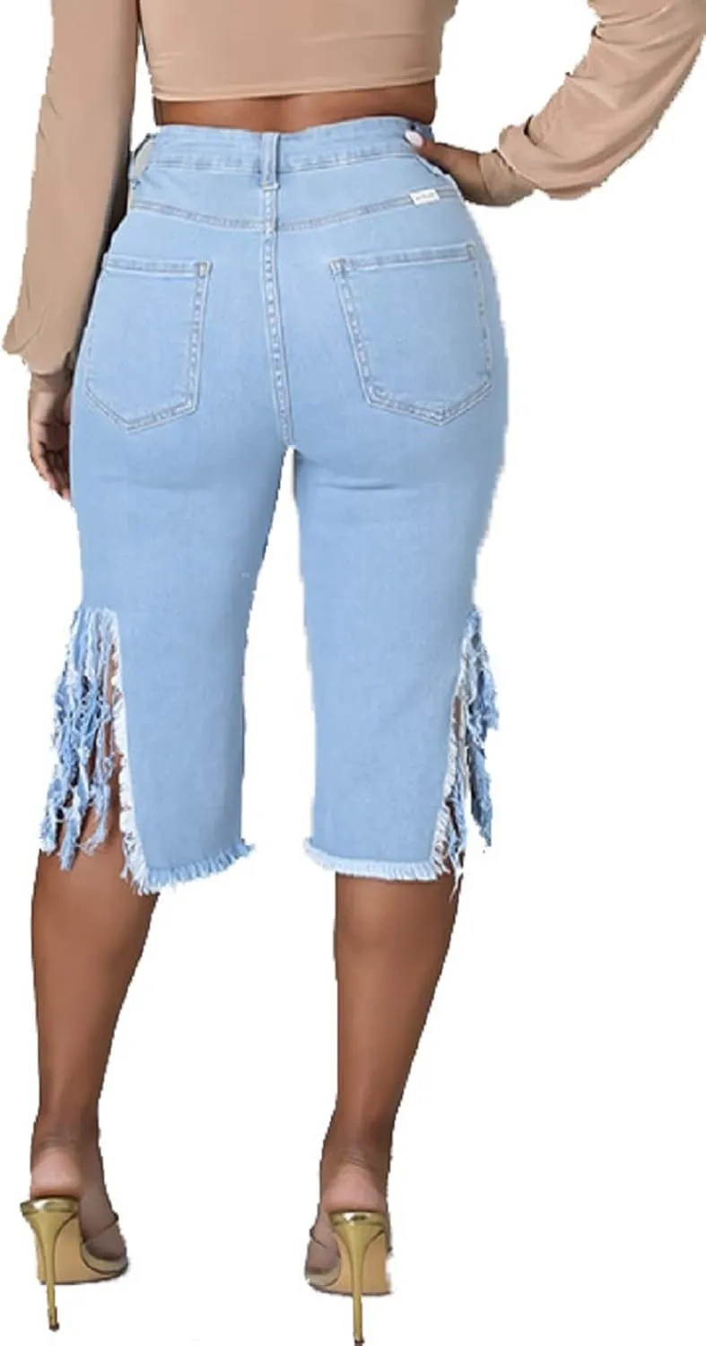 DvaeMalligo Womens Ripped Jean Shorts High Waisted Stretchy Frayed Distressed Raw Hem Tassels Denim Bermuda Shorts
