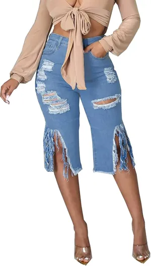DvaeMalligo Womens Ripped Jean Shorts High Waisted Stretchy Frayed Distressed Raw Hem Tassels Denim Bermuda Shorts