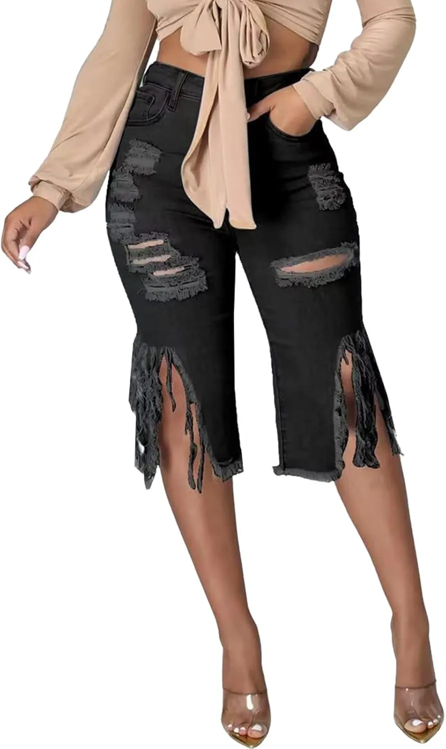 DvaeMalligo Womens Ripped Jean Shorts High Waisted Stretchy Frayed Distressed Raw Hem Tassels Denim Bermuda Shorts