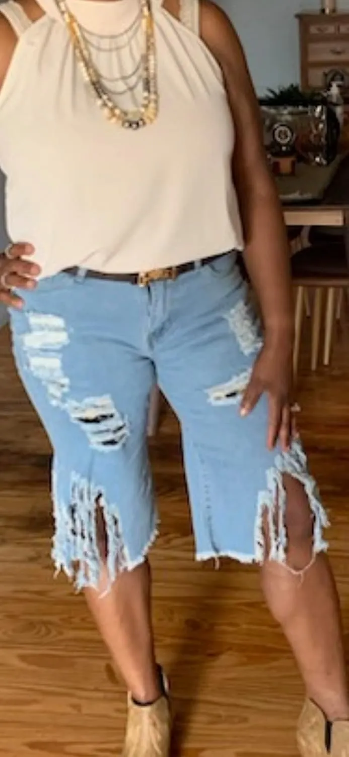 DvaeMalligo Womens Ripped Jean Shorts High Waisted Stretchy Frayed Distressed Raw Hem Tassels Denim Bermuda Shorts