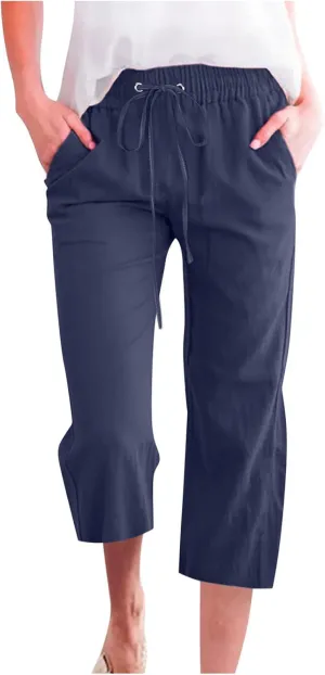 Early Prime of Day Deals 2024 Today Only Womens Plus Size Pants Trendy Daisy Print Summer Tulip Hem Casual Pants Elastic Waist Trouser Pants with Pockets, XX-Large, 02 Navy